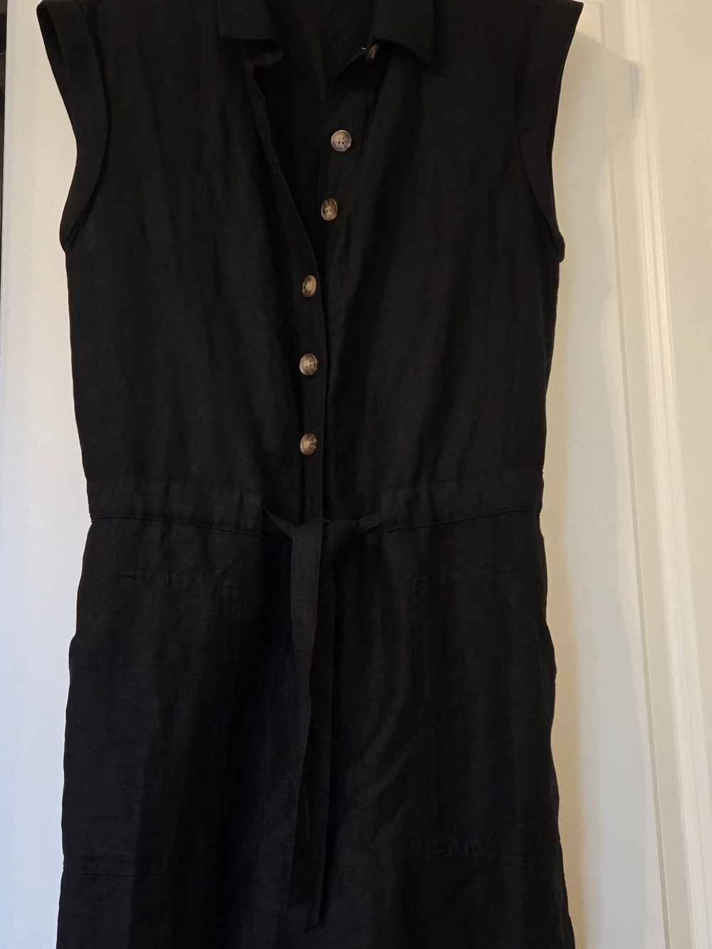 LOFT Black Sleeveless Button-Front Tie-Waist Romper